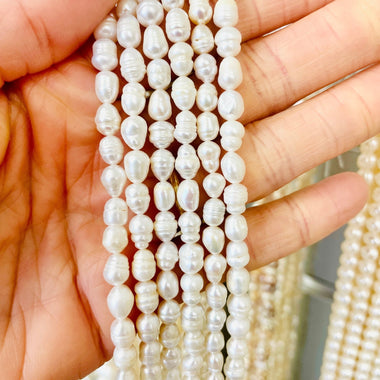 Natural Freshwater Pearls Rice shape Beads 5 - 6 mm - 15.5"inches Strand White - Beadsy Beads
