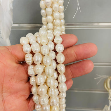 Natural Freshwater Pearls Rice Shape Beads 9 - 10 mm - 15.5"inches Strand White - Beadsy Beads