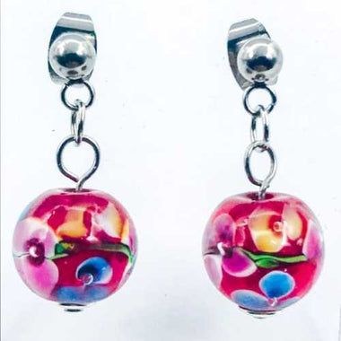 Nickel Free Stud Earrings Handmade Glass Encased Flower RED - Beadsy Beads
