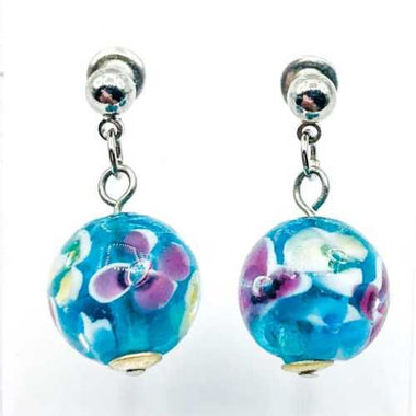 Nickel Free Stud Earrings Handmade Glass Encased Flower Turquoise Aqua - Beadsy Beads