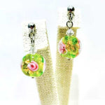 Stud Earrings Handmade glass / Swarovski Encased Flower Lime /Gold - Beadsy Beads