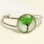 Platinum Plated Bangle adjustable with Glass Cabochon Tree of Life Woman Pose
