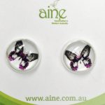 Nickel Free Stud earrings glass cabochon Purple Butterlfly 12mm