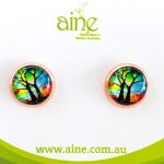 Nickel Free Rose Gold PLated Glass cabochon Earrings Tree of Life Rainbow